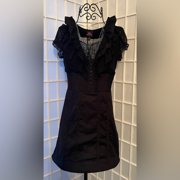 2B BEBE SS Pleated Waist Ruffle Poplin Dress Black NWT - Picture 4 of 11